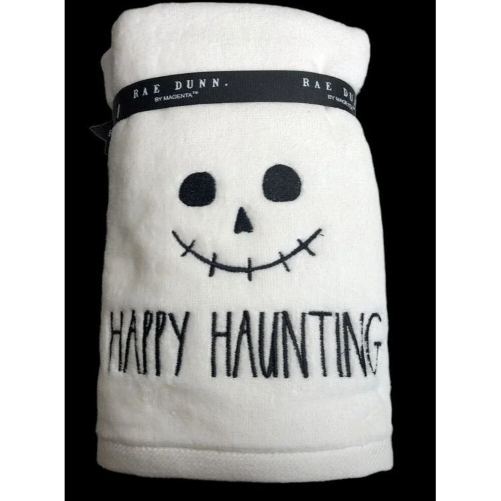 Rae Dunn Halloween Set of 2 Hand Towels Happy Haunting Skull Embroidered Spooky